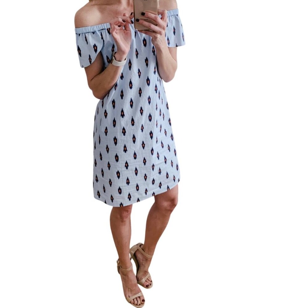 J.Crew Womens Ikat Print Off-Shoulder Dress S Blue